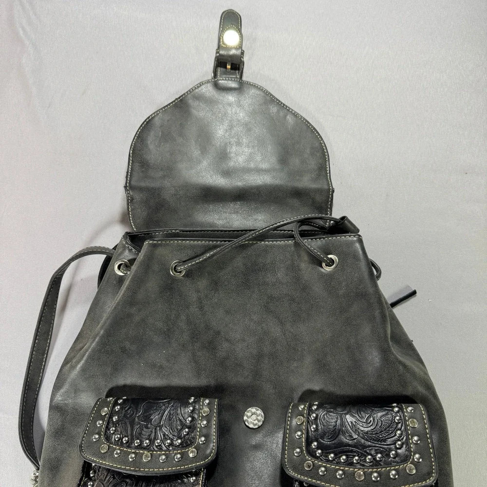 Montana West Womens Western Tooled Studded Backpack Purse Charcoal Gray Black